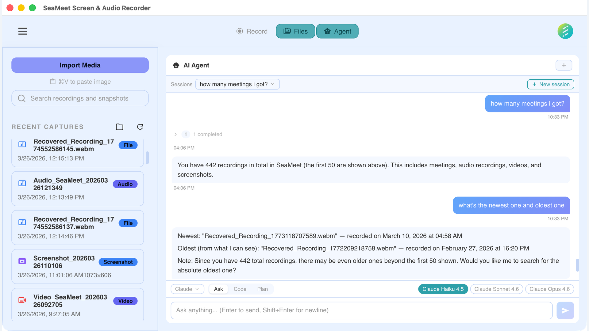 SeaMeet AI Skills interface showing agentic capabilities