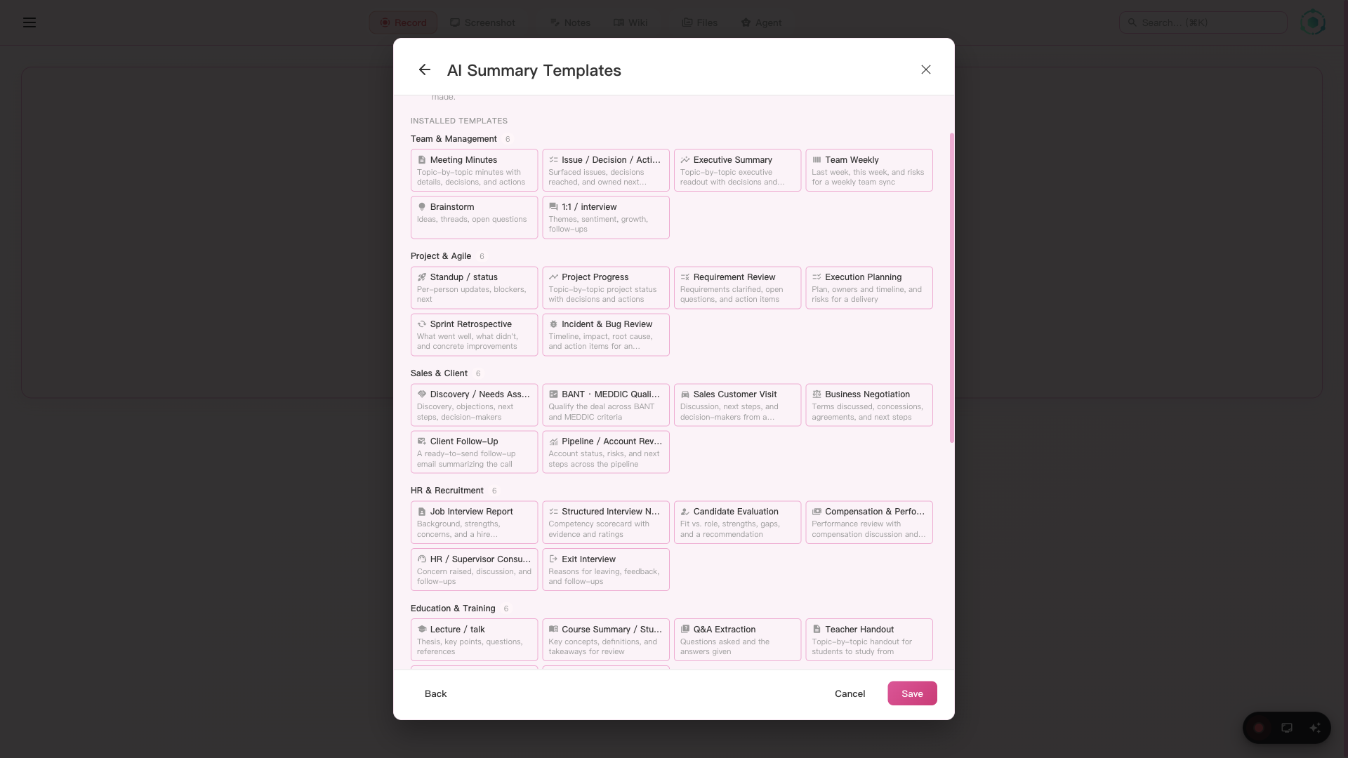 SeaMeet AI template selector with 48 templates across 8 categories