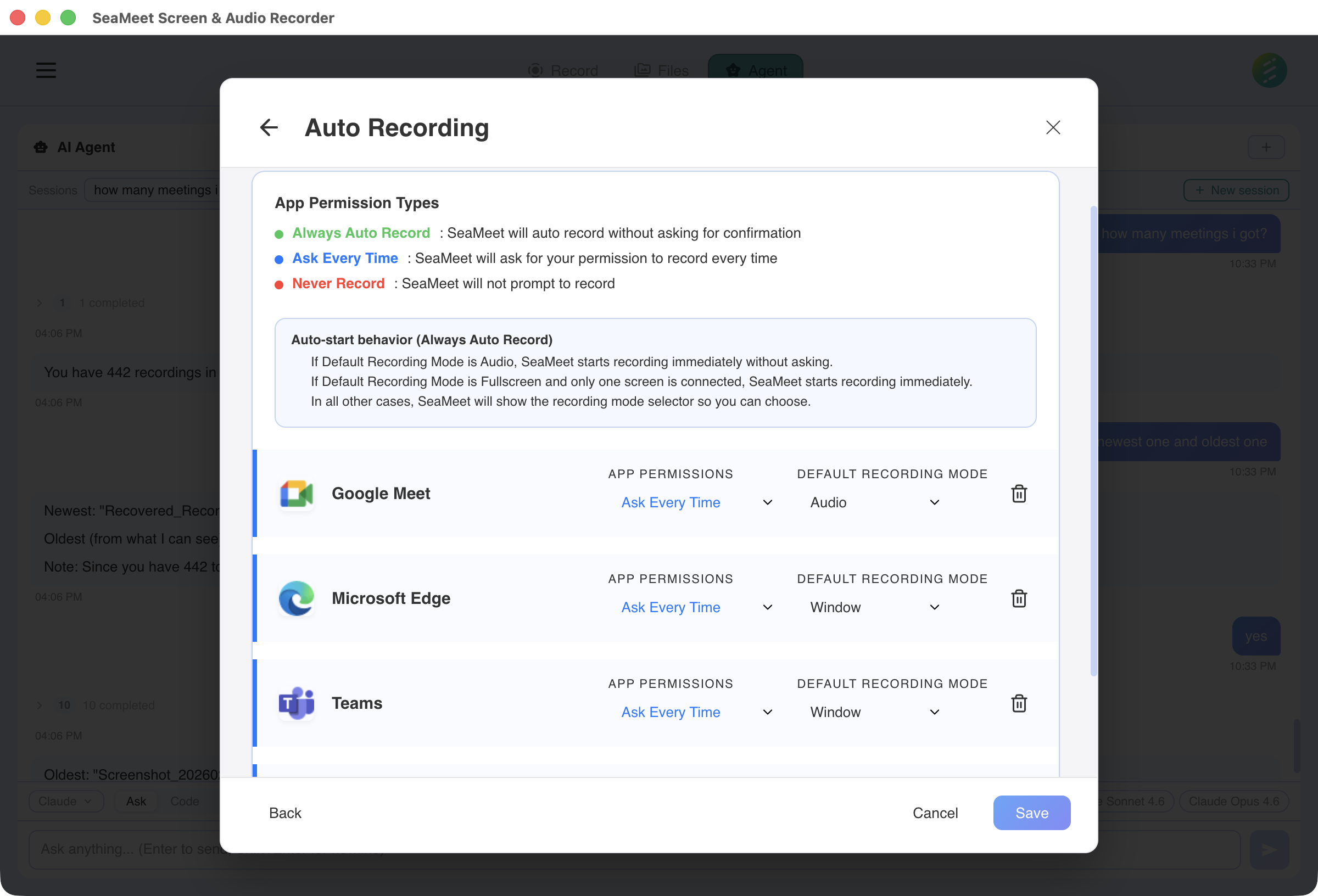 SeaMeet settings panel with auto-recording configuration