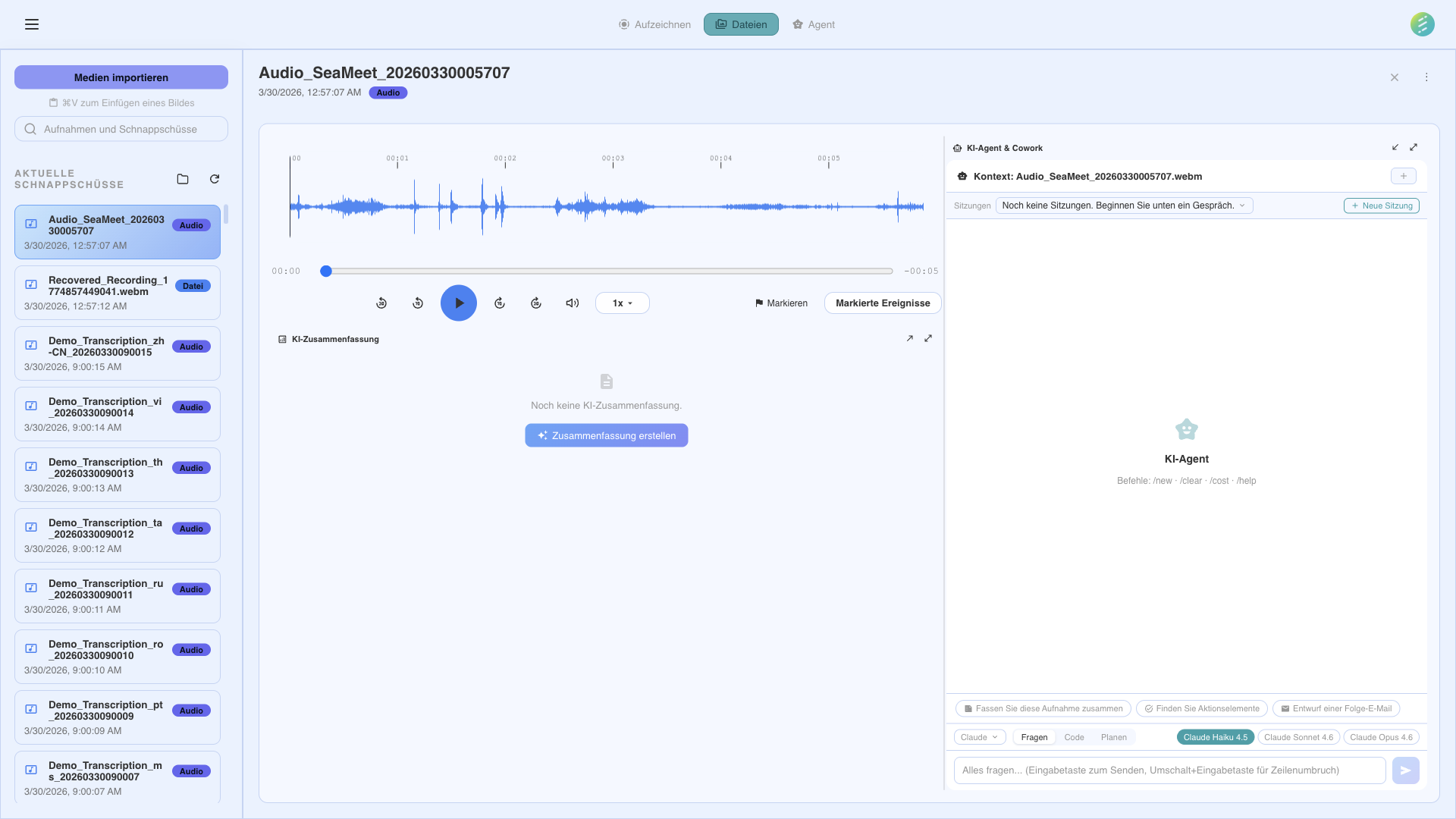 KI-Agent-Chat-Oberfläche zum Stellen von Fragen zu Aufnahmen
