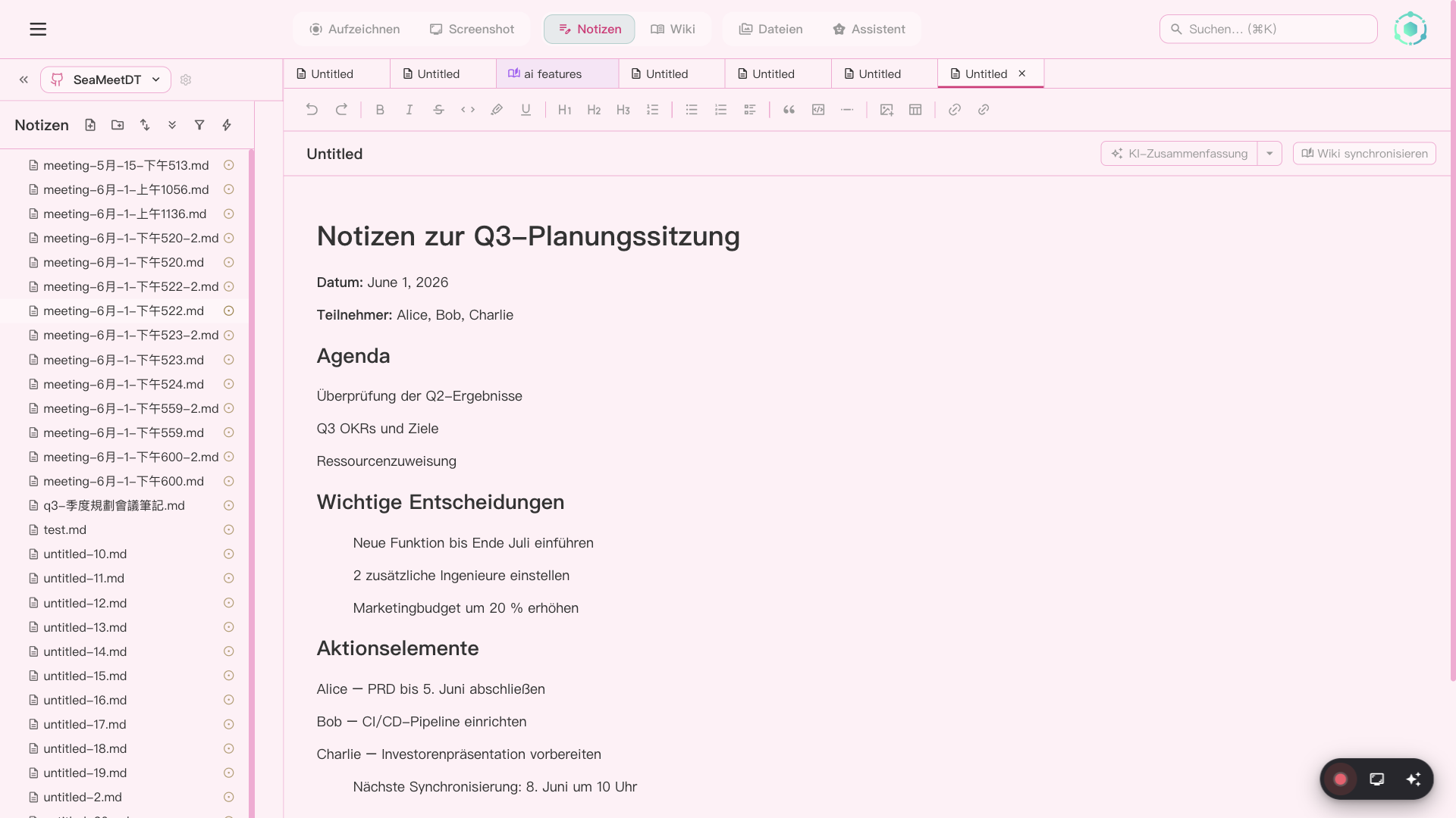 SeaMeet Notizen-Editor mit Wikilinks und Medieneinbettungen