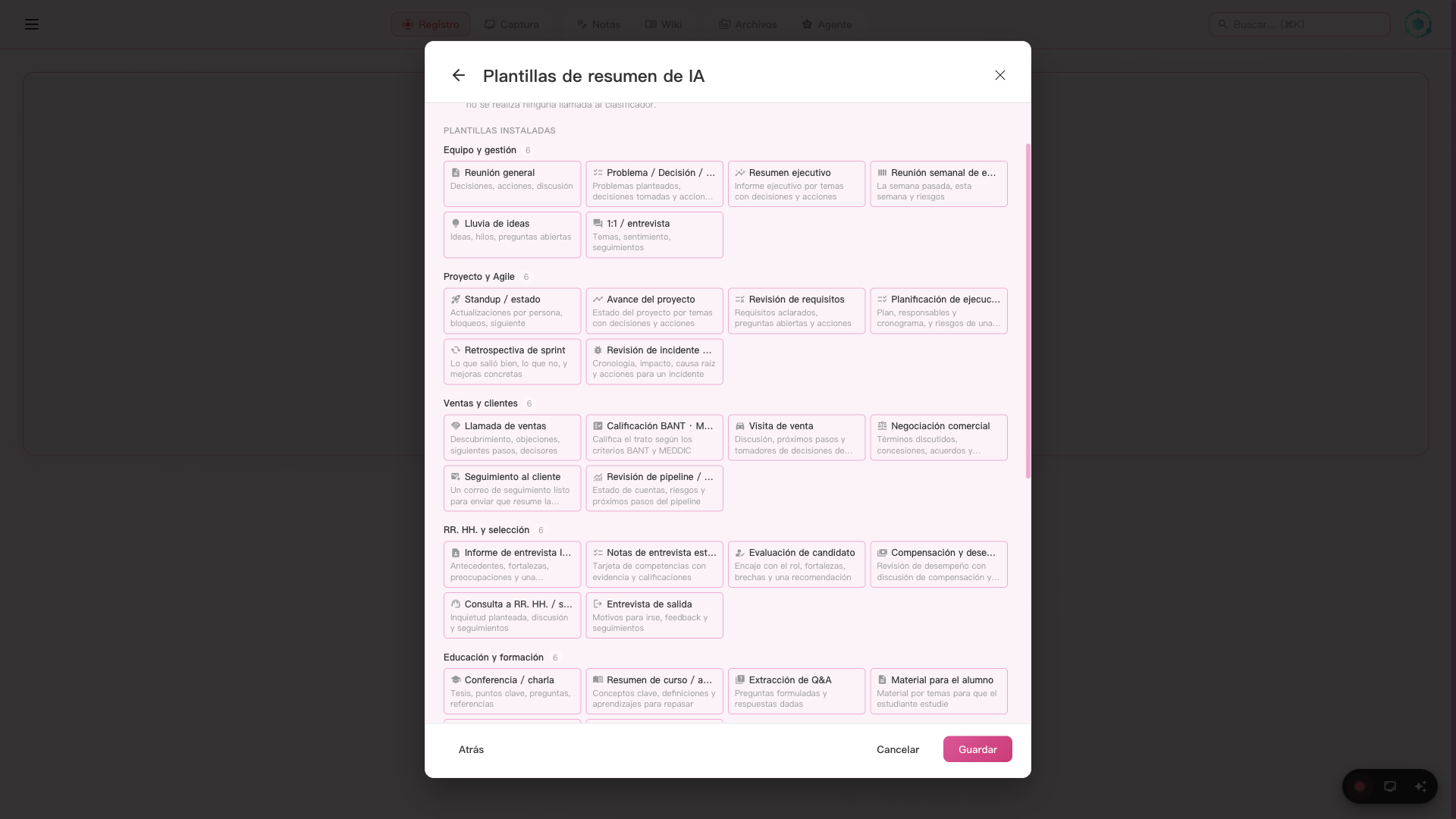 Selector de plantillas AI de SeaMeet con 48 plantillas en 8 categorías