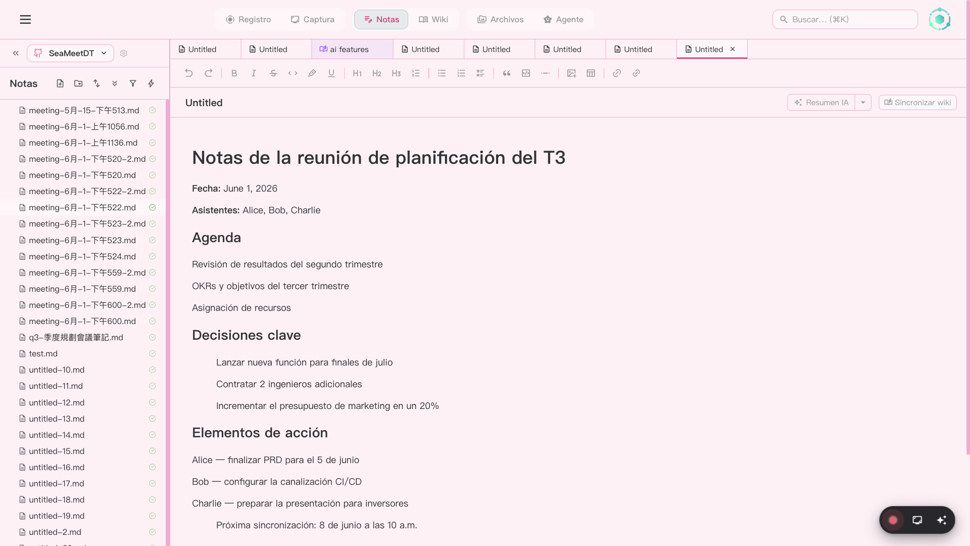 Editor de notas de SeaMeet con Wikilinks e inserción de medios
