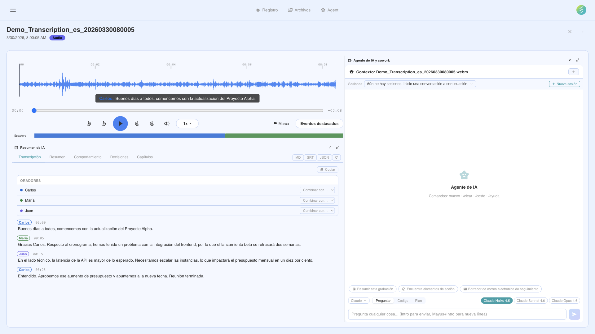 Diálogo de configuración de grabación mostrando opciones de fuente de audio y modo de video