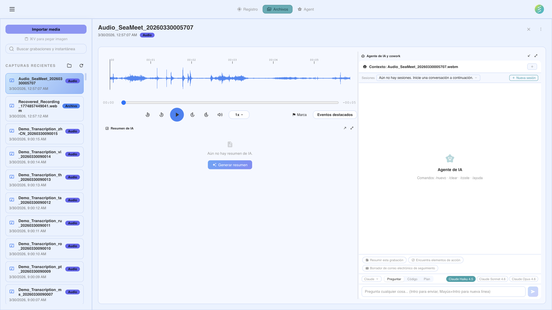 Biblioteca de grabaciones con resultados de extracción AI