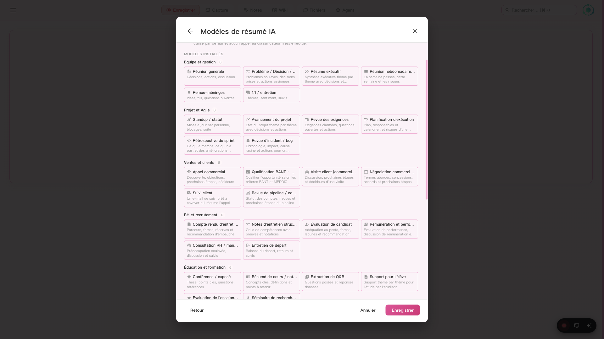 Sélecteur de modèles IA SeaMeet avec 48 modèles dans 8 catégories