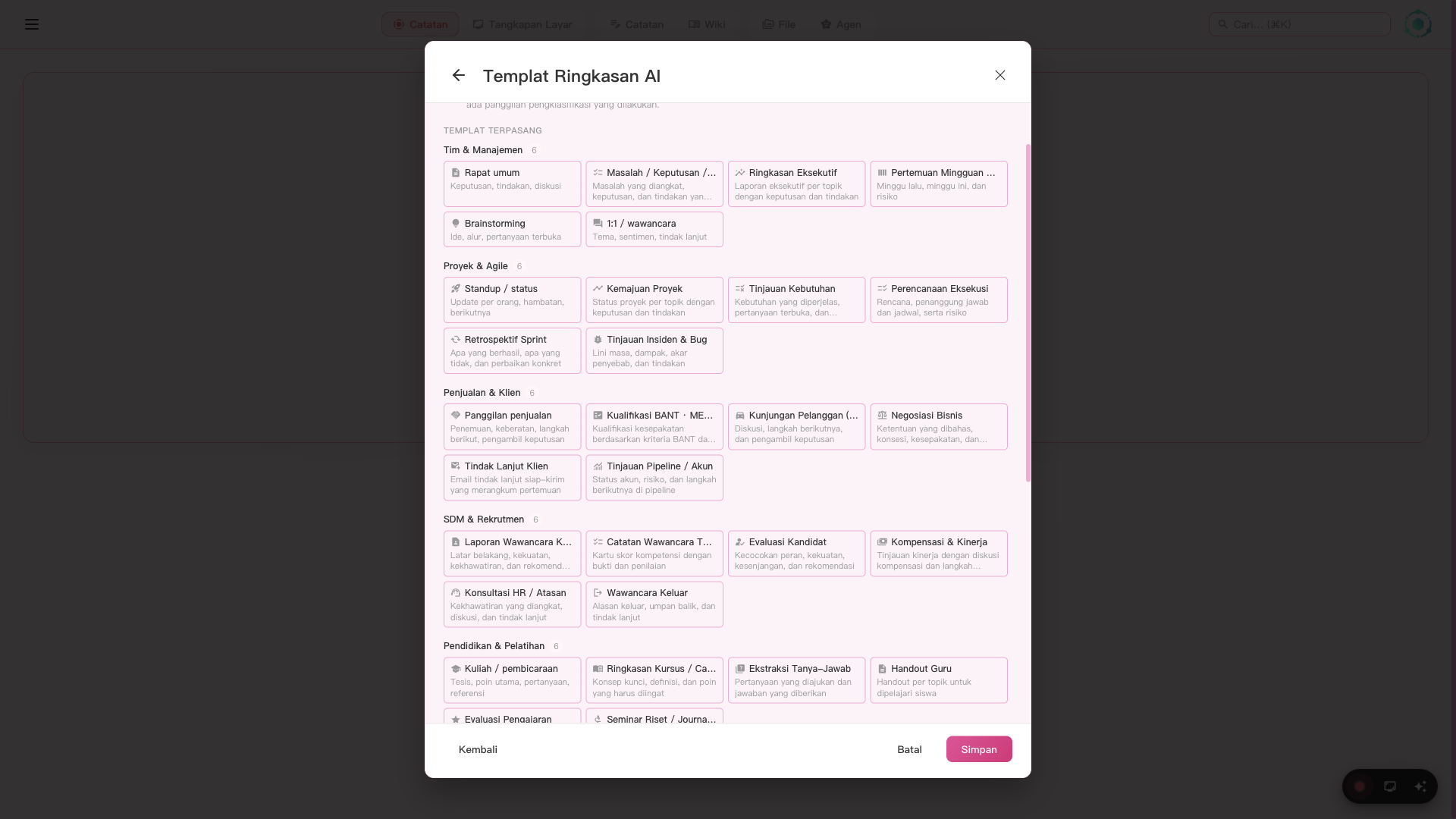 Pemilih template AI SeaMeet dengan 48 template dalam 8 kategori