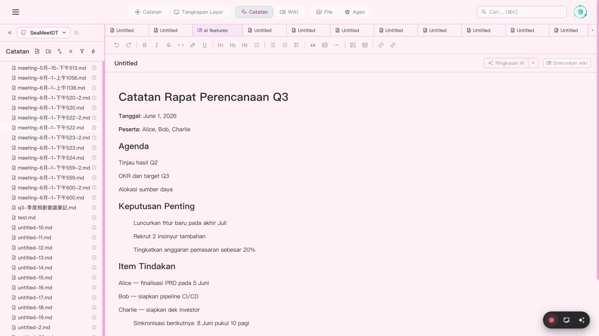 Editor Notes SeaMeet dengan Wikilinks dan sematan media