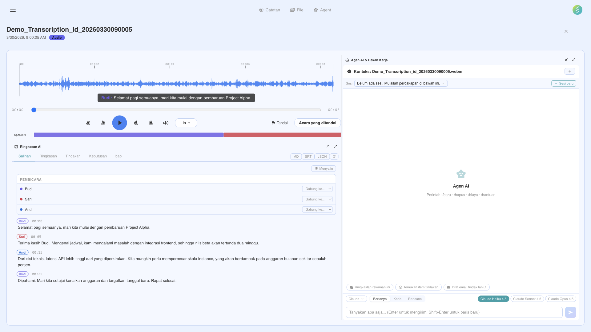 Dialog pengaturan perekaman menampilkan opsi sumber audio dan mode video