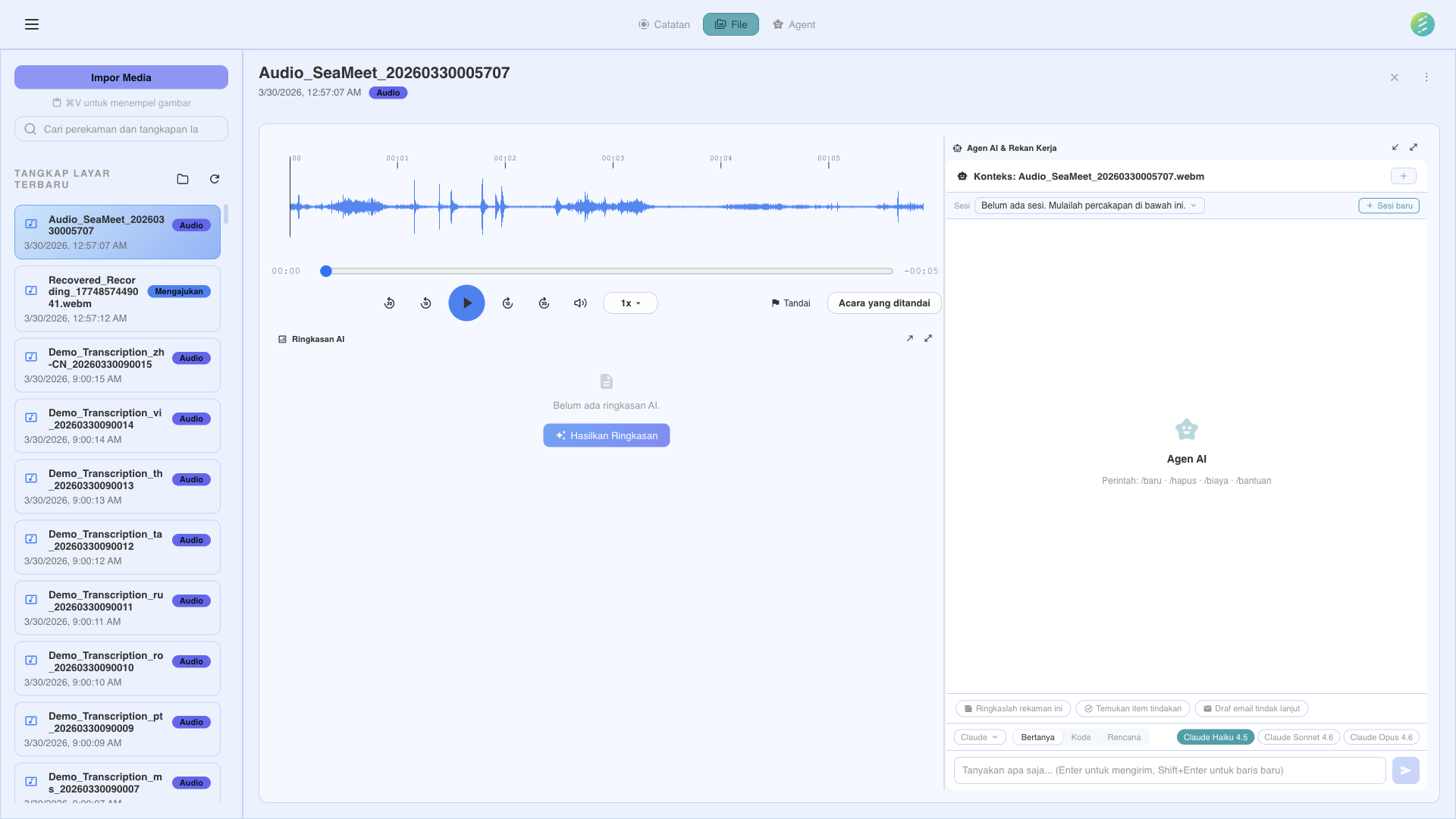 Pustaka rekaman dengan hasil ekstraksi AI
