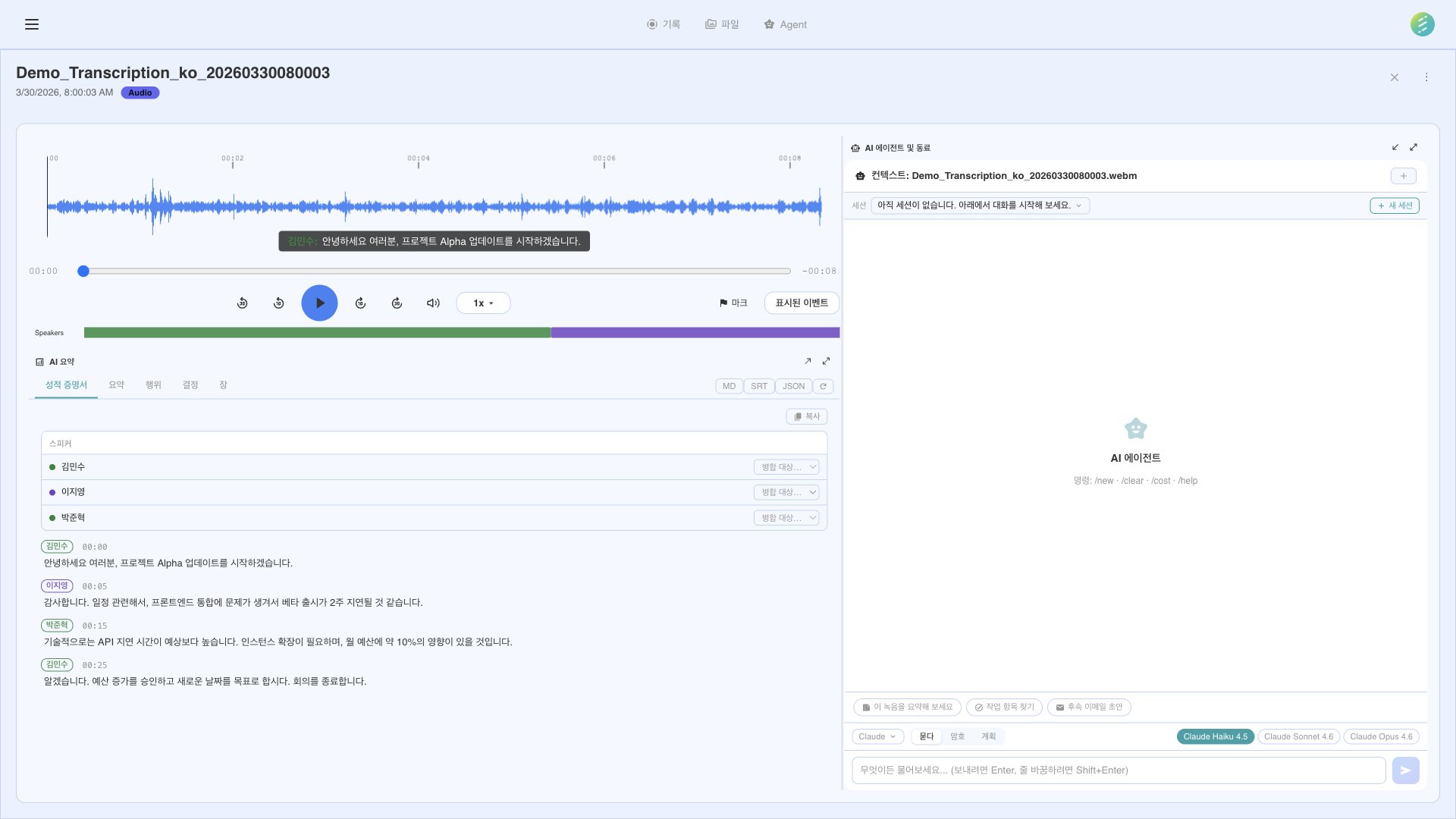 음성 인식 및 분석을 위한 SeaMeet AI 인터페이스