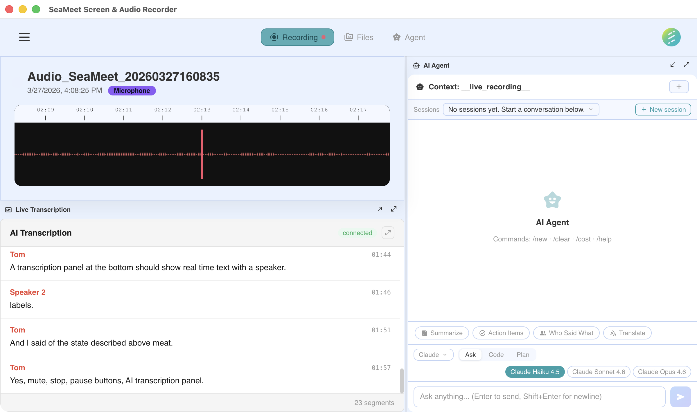 SeaMeet AI interface for transcription and analysis