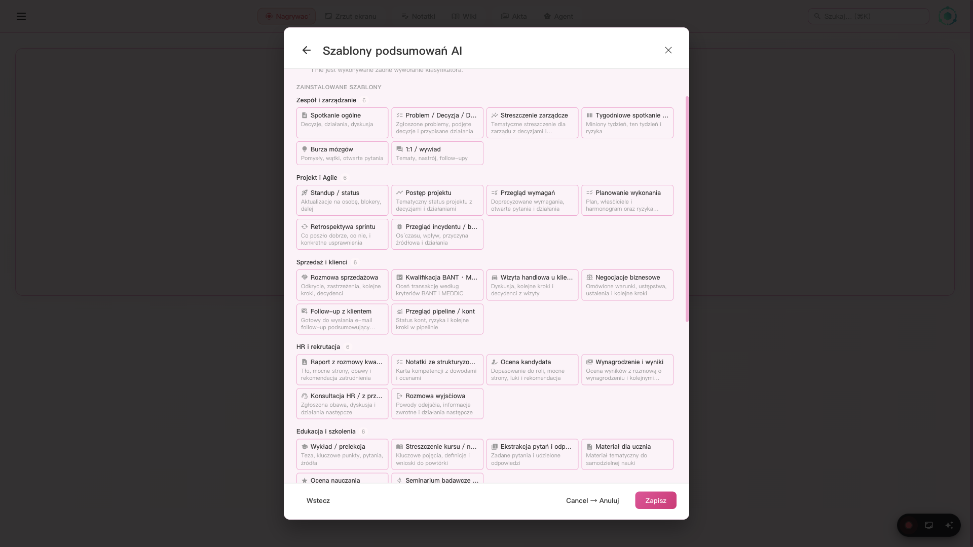 Selektor szablonow AI SeaMeet z 48 szablonami w 8 kategoriach