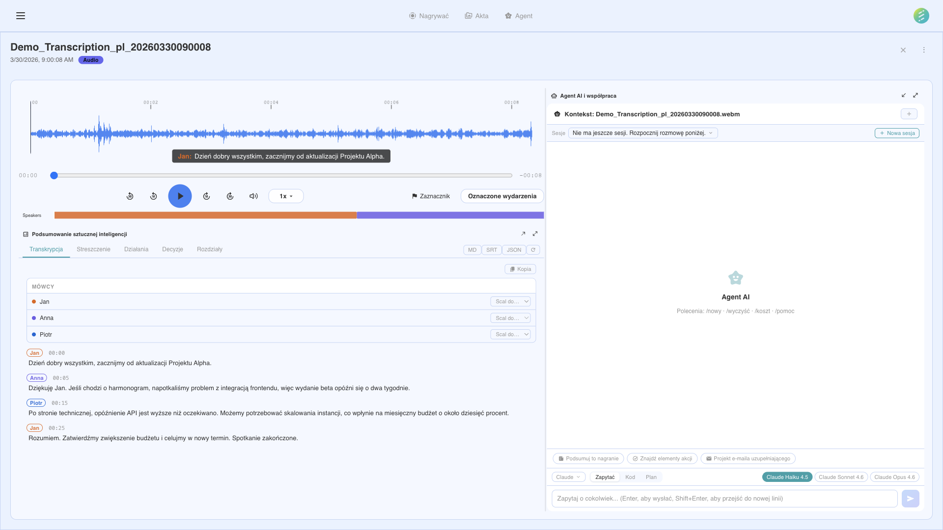 SeaMeet AI interface for transcription and analysis