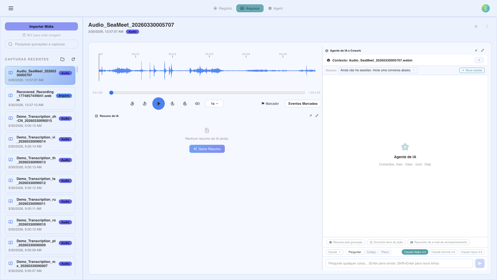Interface de chat do Agente IA para fazer perguntas sobre gravações
