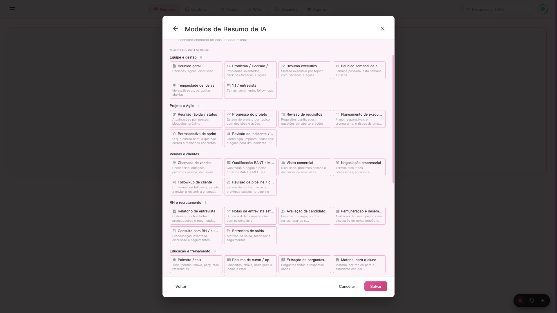 Seletor de modelos de IA do SeaMeet com 48 modelos em 8 categorias