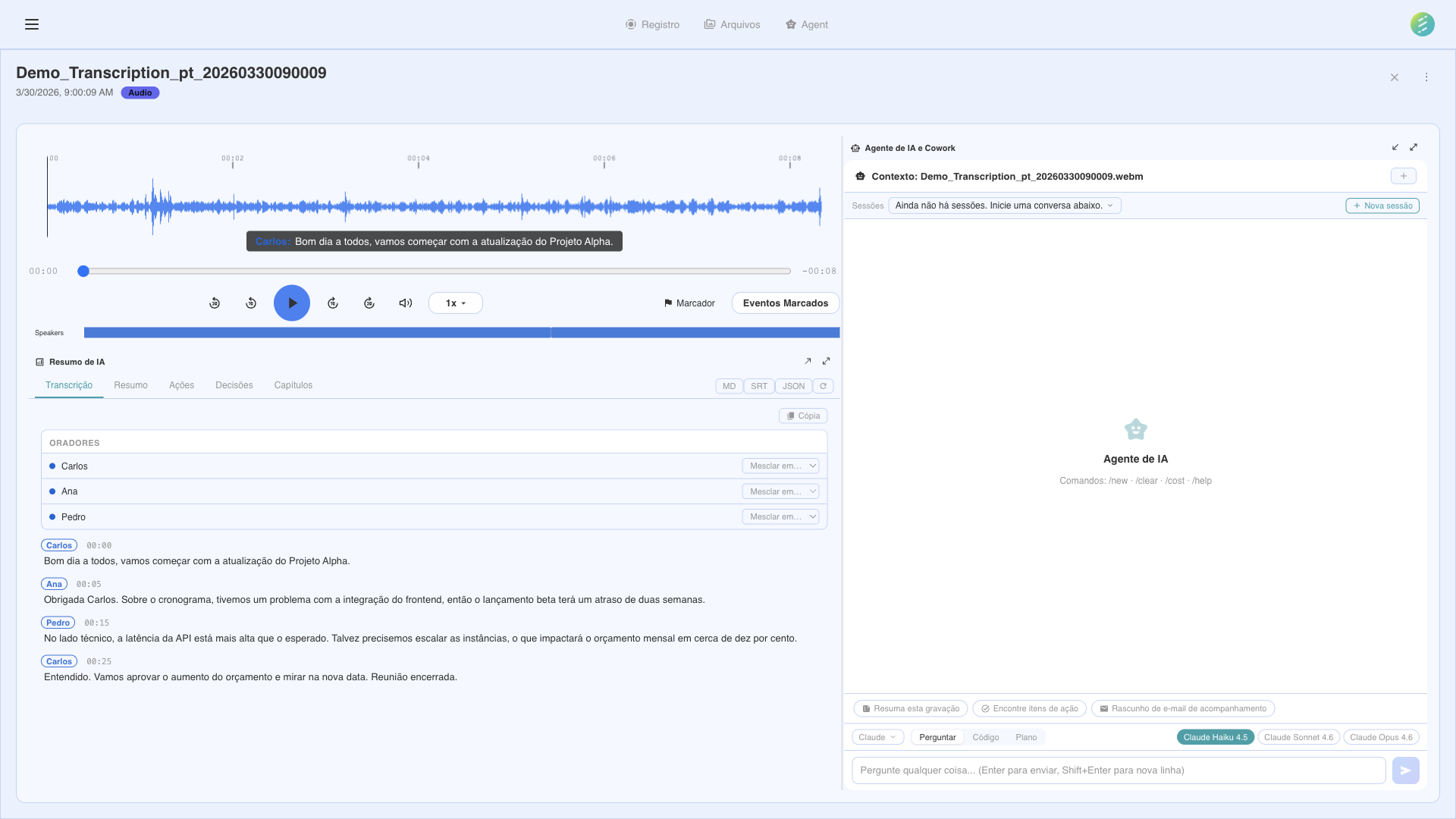 Interface de IA do SeaMeet para transcrição e análise