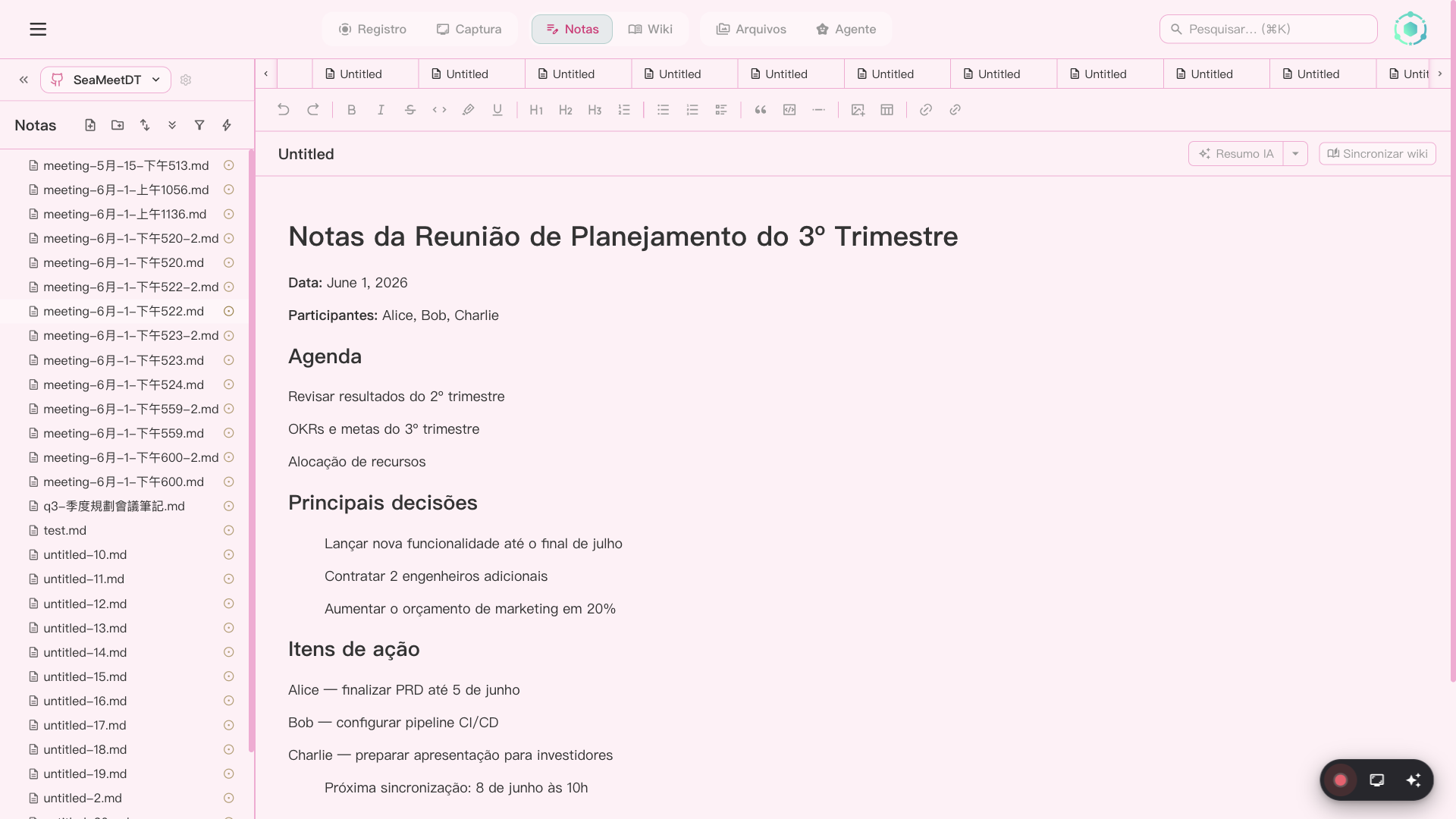 Editor de notas do SeaMeet com Wikilinks e incorporação de mídia