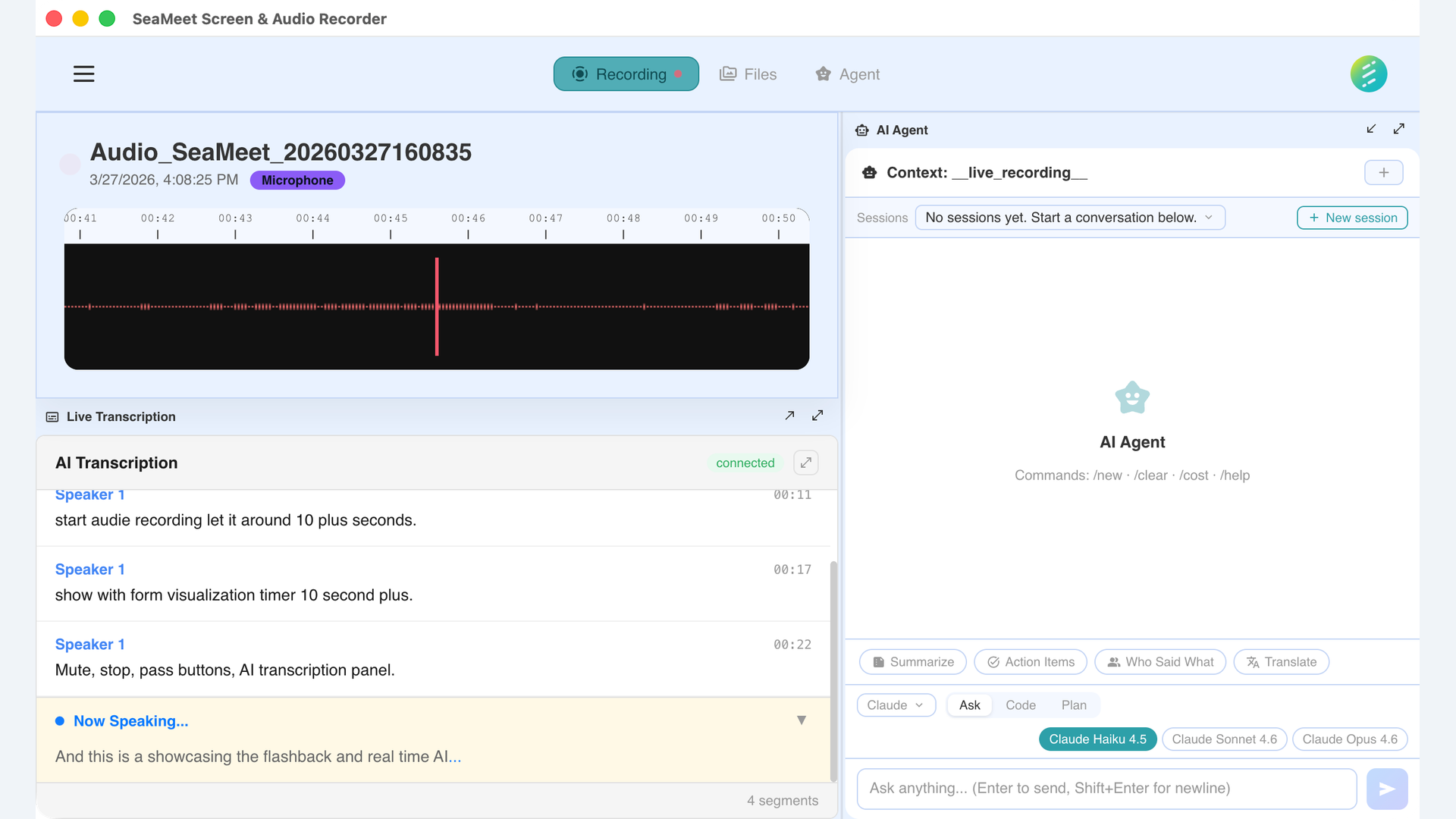 Recording settings dialog showing audio source and video mode options