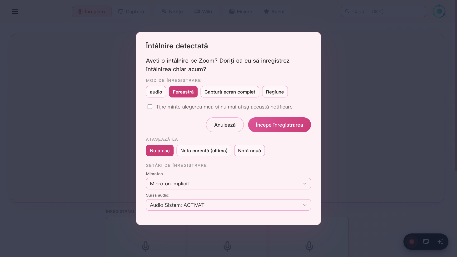 SeaMeet settings panel with auto-recording configuration