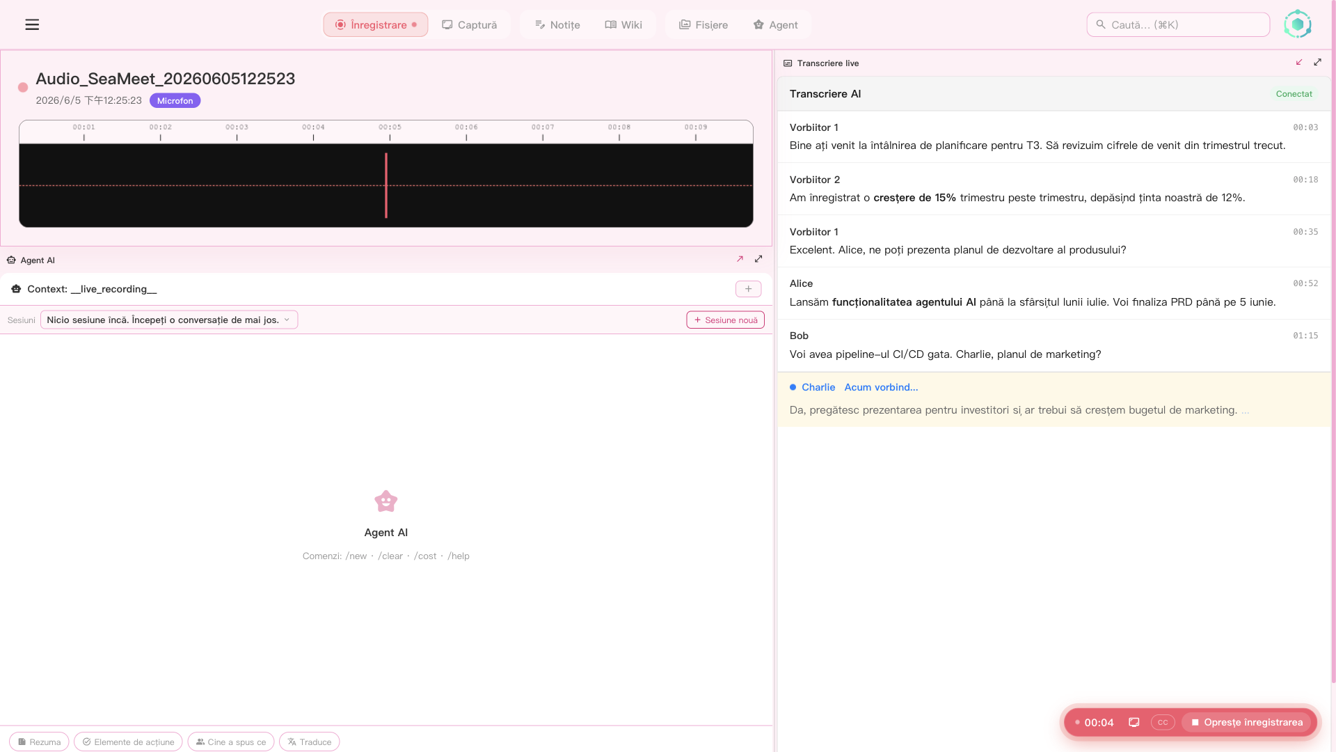 SeaMeet AI interface for transcription and analysis