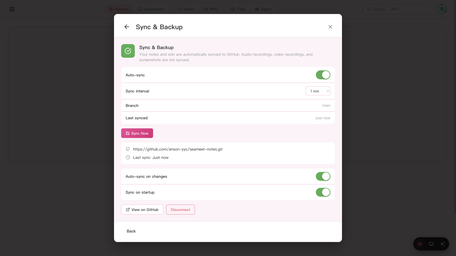 SeaMeet GitHub Sync settings