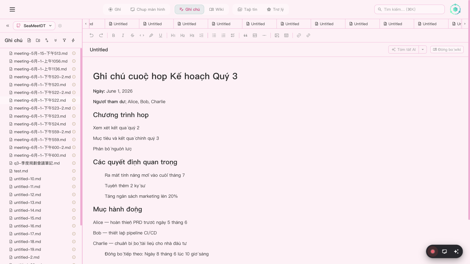 Trình soạn Notes SeaMeet với Wikilinks và nhúng media
