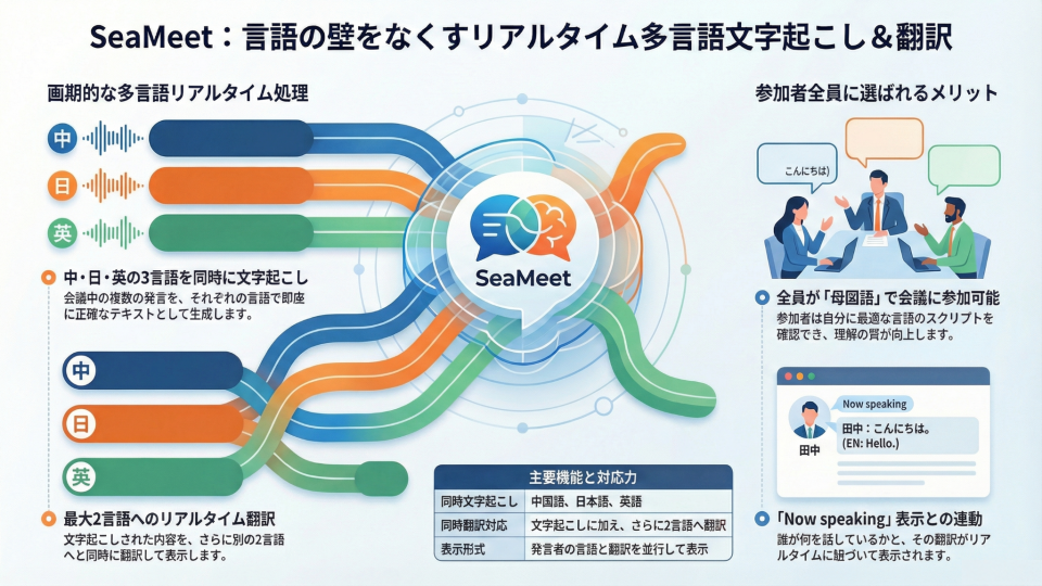 中日英リアルタイム会議文字起こし：SeaMeetの三言語文字起こしソリューション