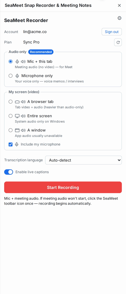 SeaMeet Chrome Extension side panel in its idle state, before recording