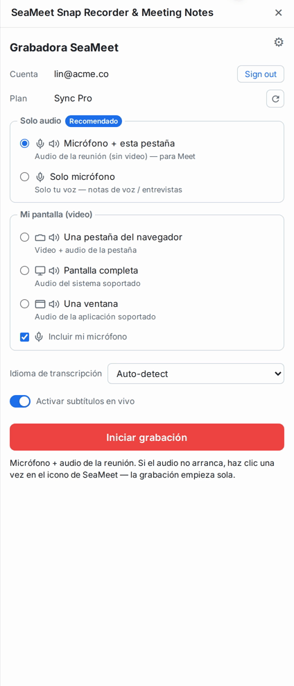 El panel lateral antes de grabar, con las opciones de audio y pantalla y el botón de grabar