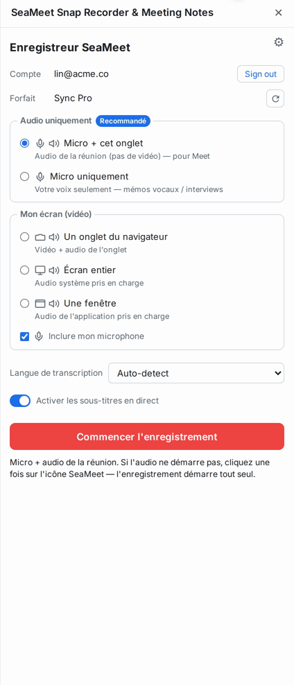 Le panneau latéral avant l’enregistrement, avec les options audio et écran et le bouton d’enregistrement