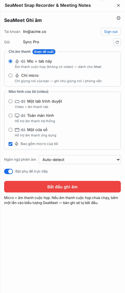 Bảng bên trước khi ghi, với các tuỳ chọn âm thanh và màn hình cùng nút ghi