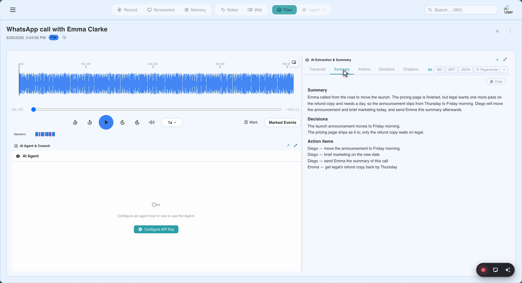 The AI summary panel with headline, overview, action items, decisions, and clickable chapters