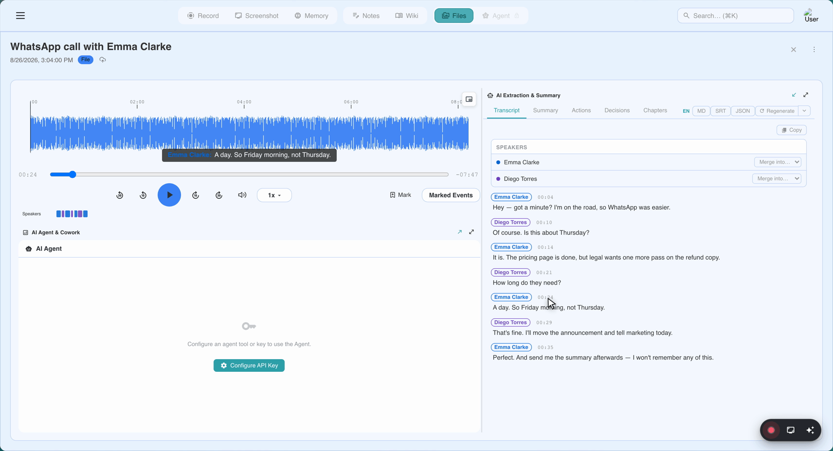 Live transcript pane with timestamped segments and speaker labels appearing during a recording