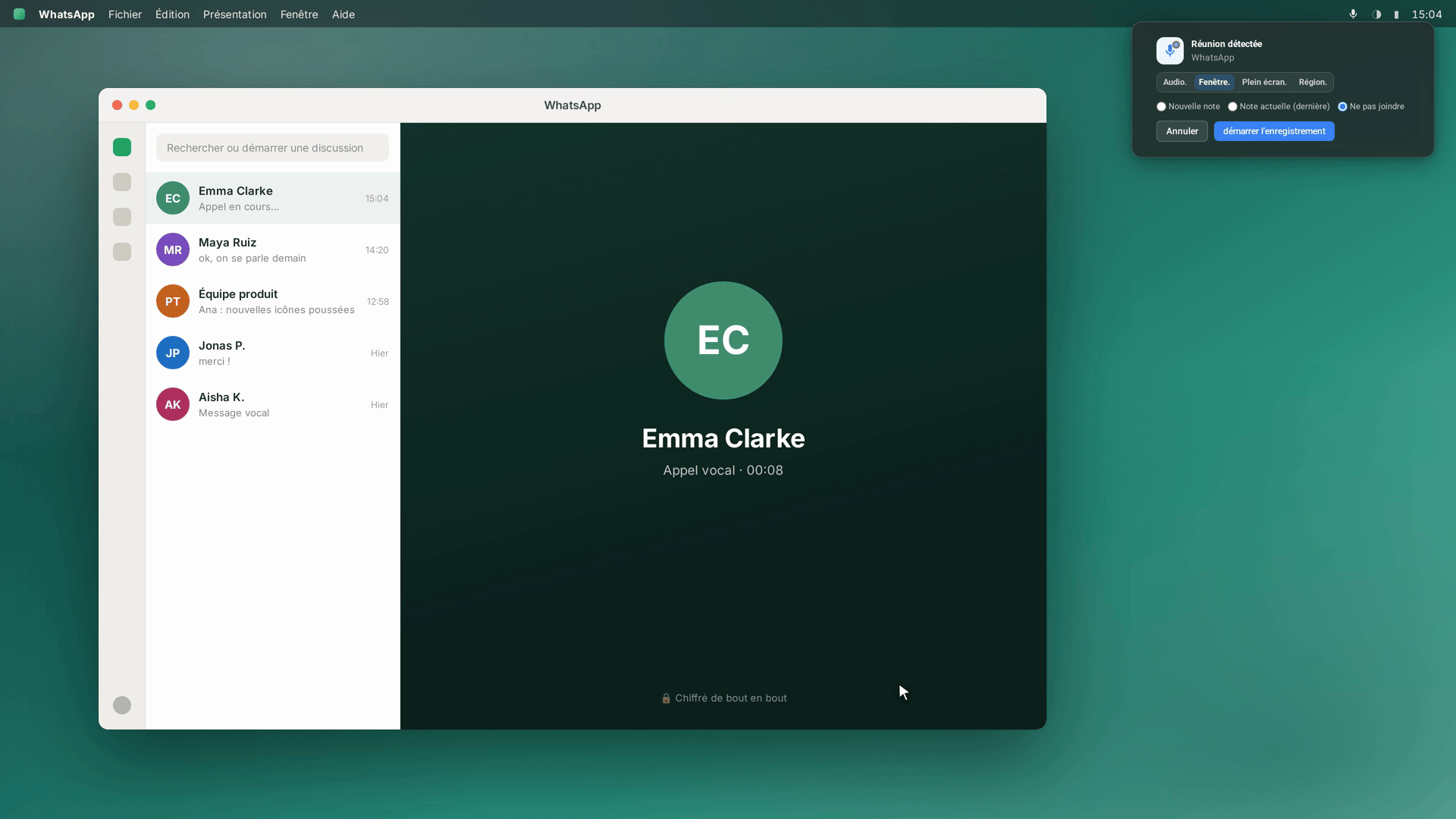 SeaMeet détecte l'appel et propose d'enregistrer — reconstitution stylisée, pas l'interface réelle de WhatsApp