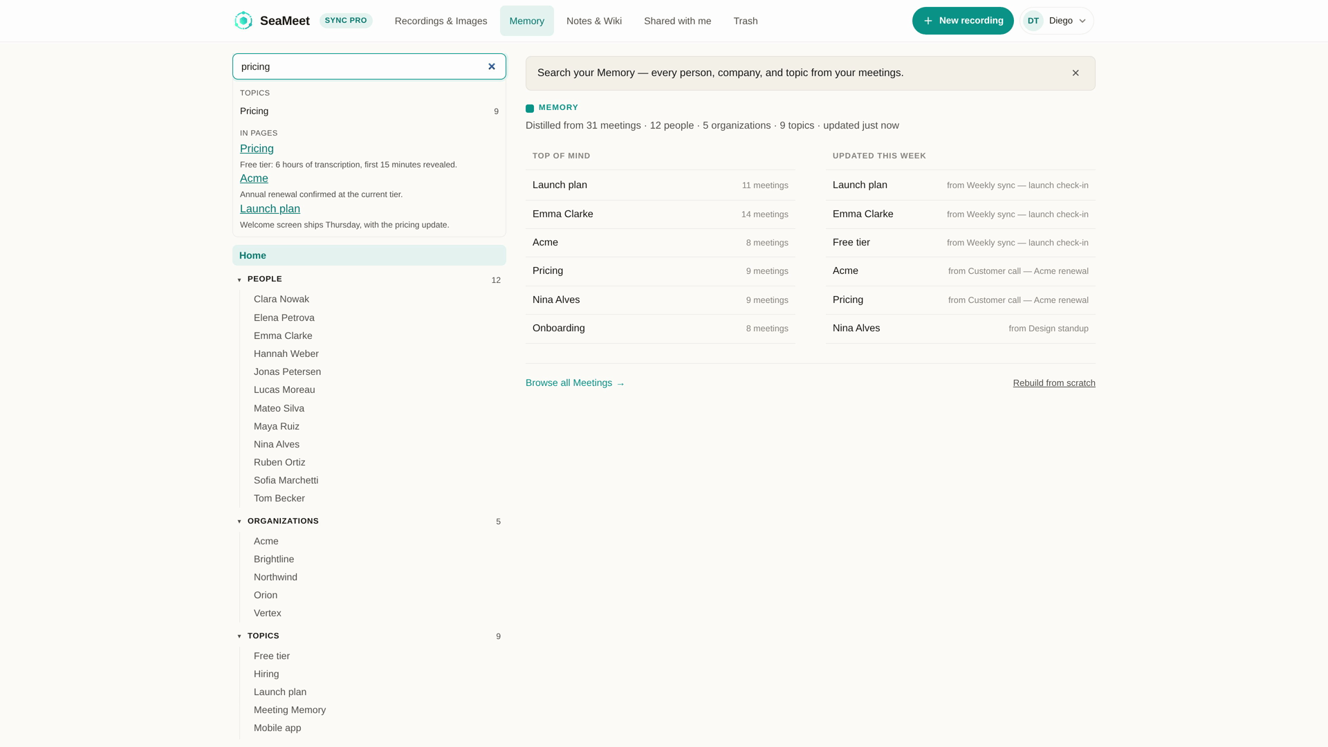 Searching Meeting Memory: hits grouped by person, company and topic, each with the line it came from