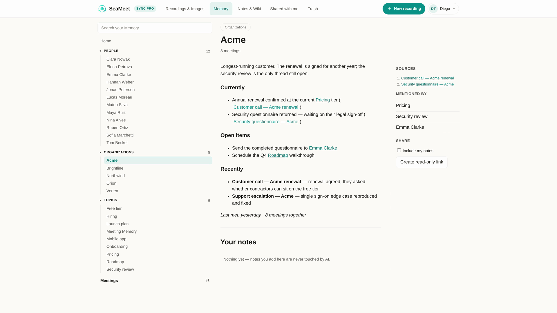 A company’s Memory page, built from every meeting that mentioned it