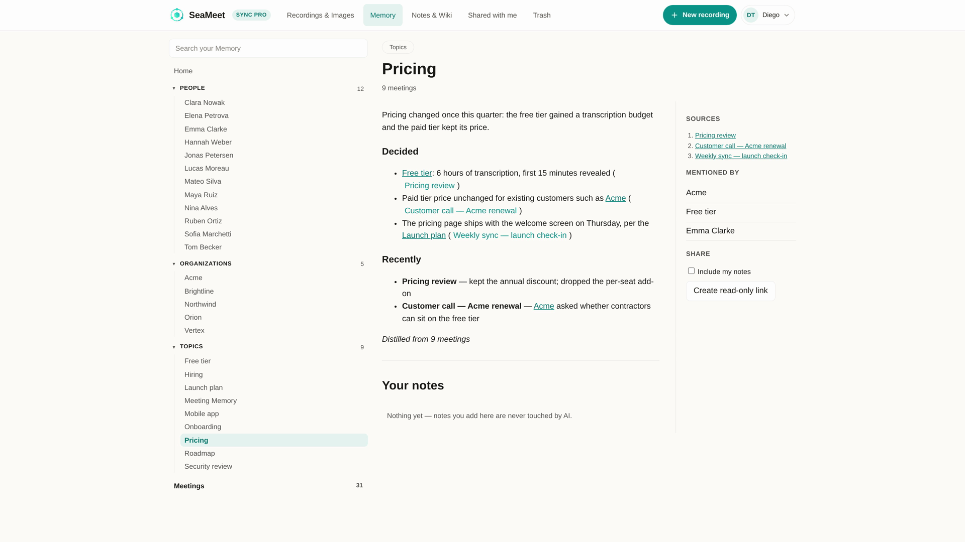 A Meeting Memory per-topic wiki page with overview, key facts, timeline, and source citations