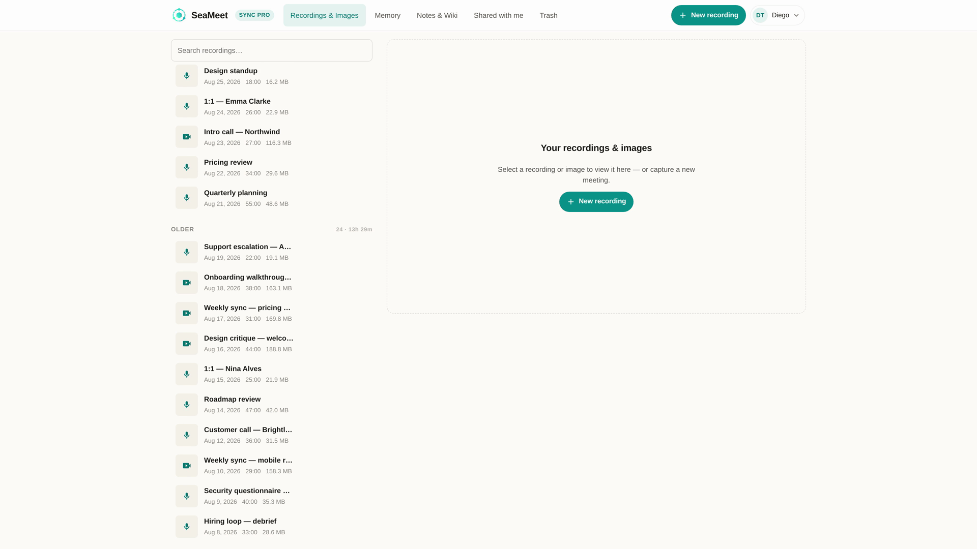 The SeaMeet Web App library grid