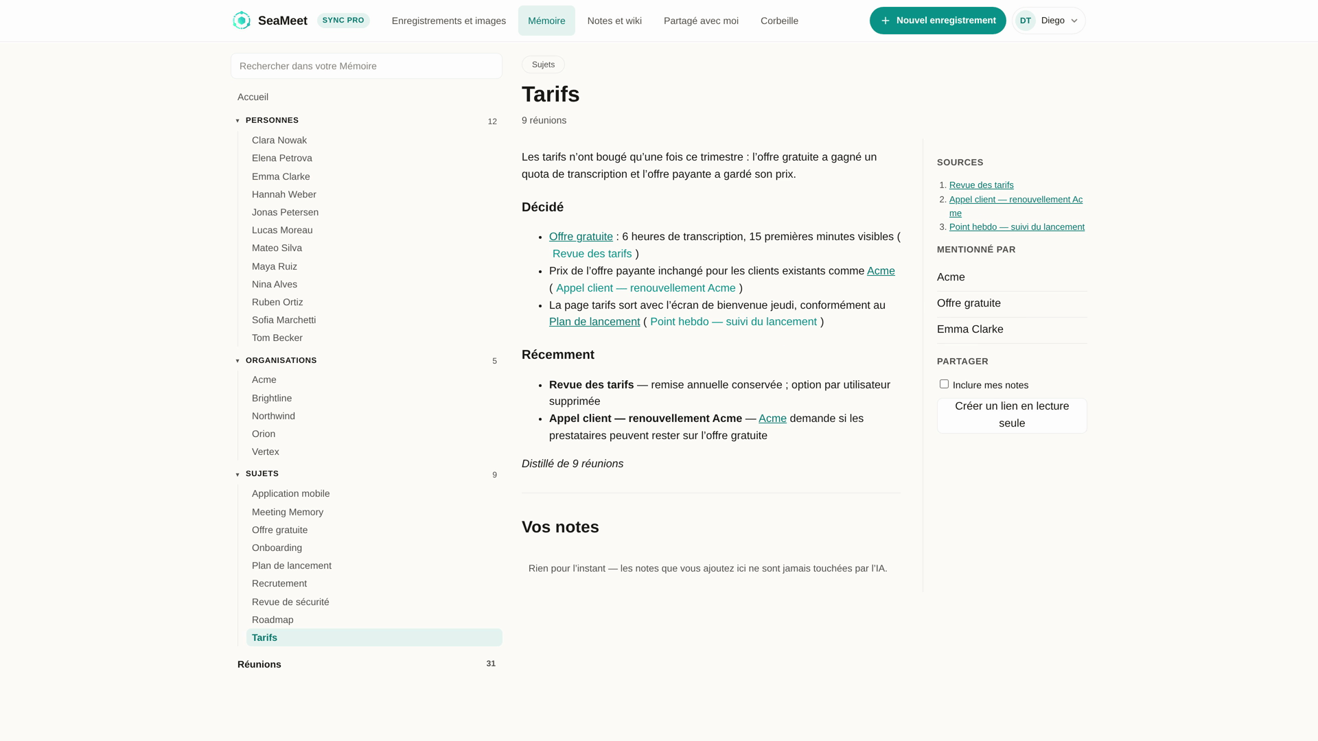 Une page de sujet qui rassemble un même fil à travers plusieurs réunions