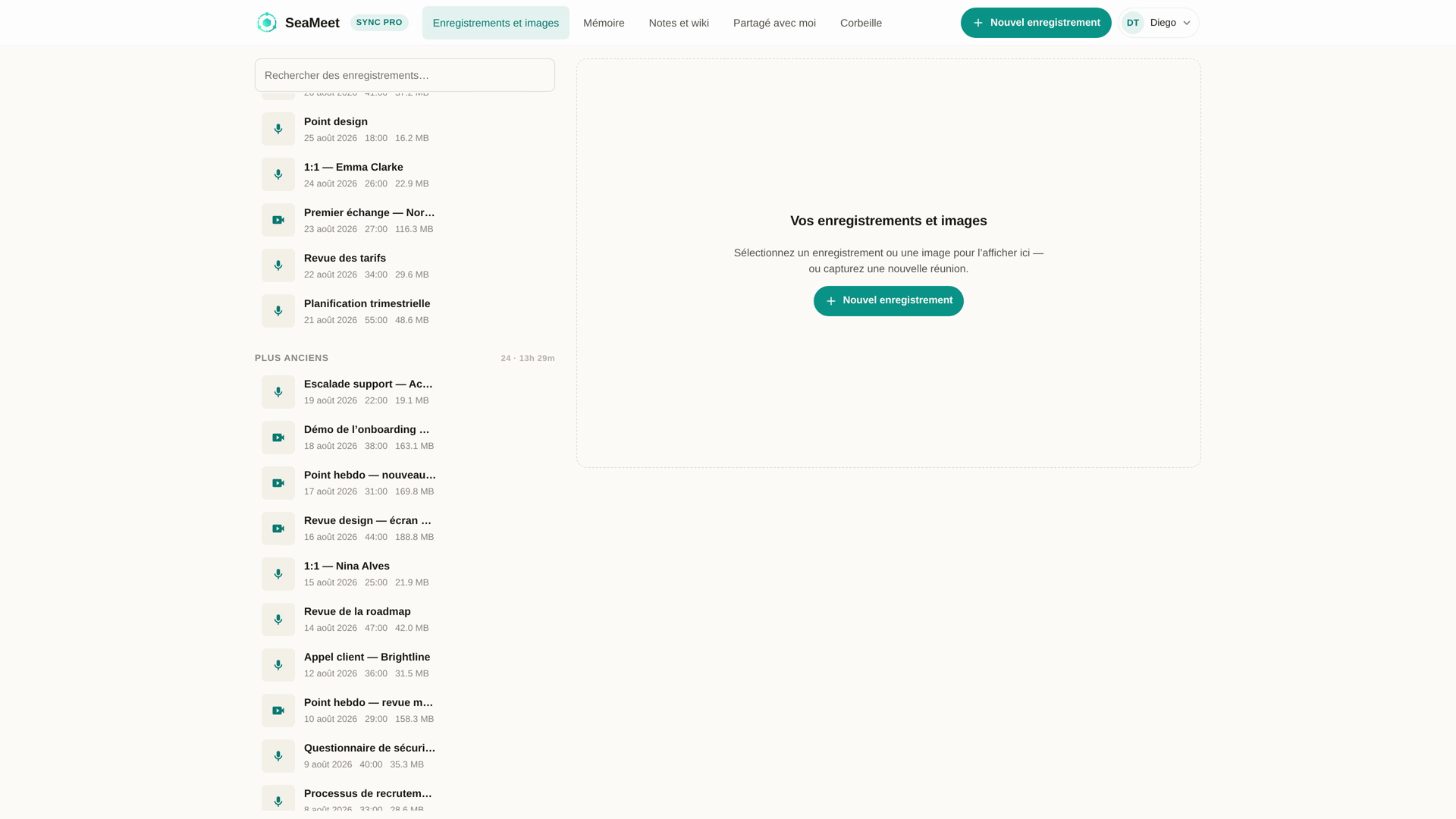 Trente et une réunions enregistrées dans la bibliothèque de l’app web