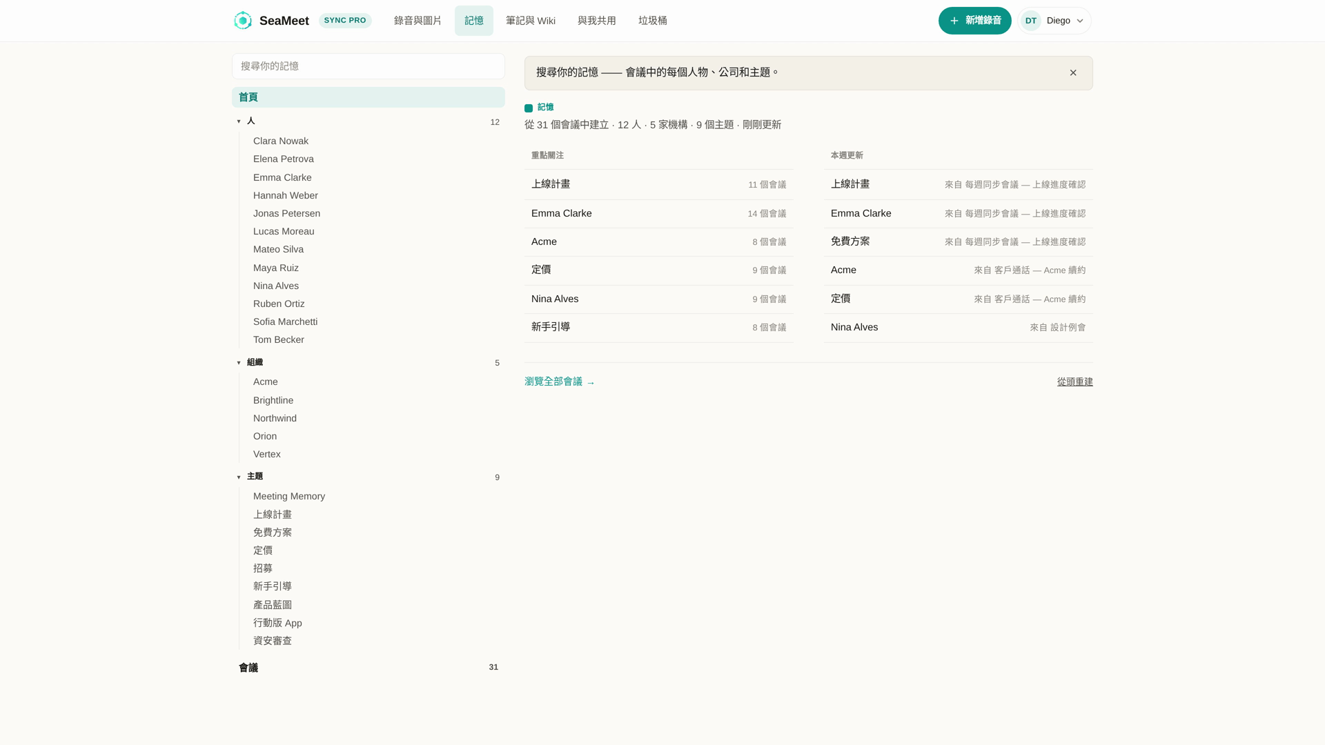 Meeting Memory 首頁:重點關注與本週更新