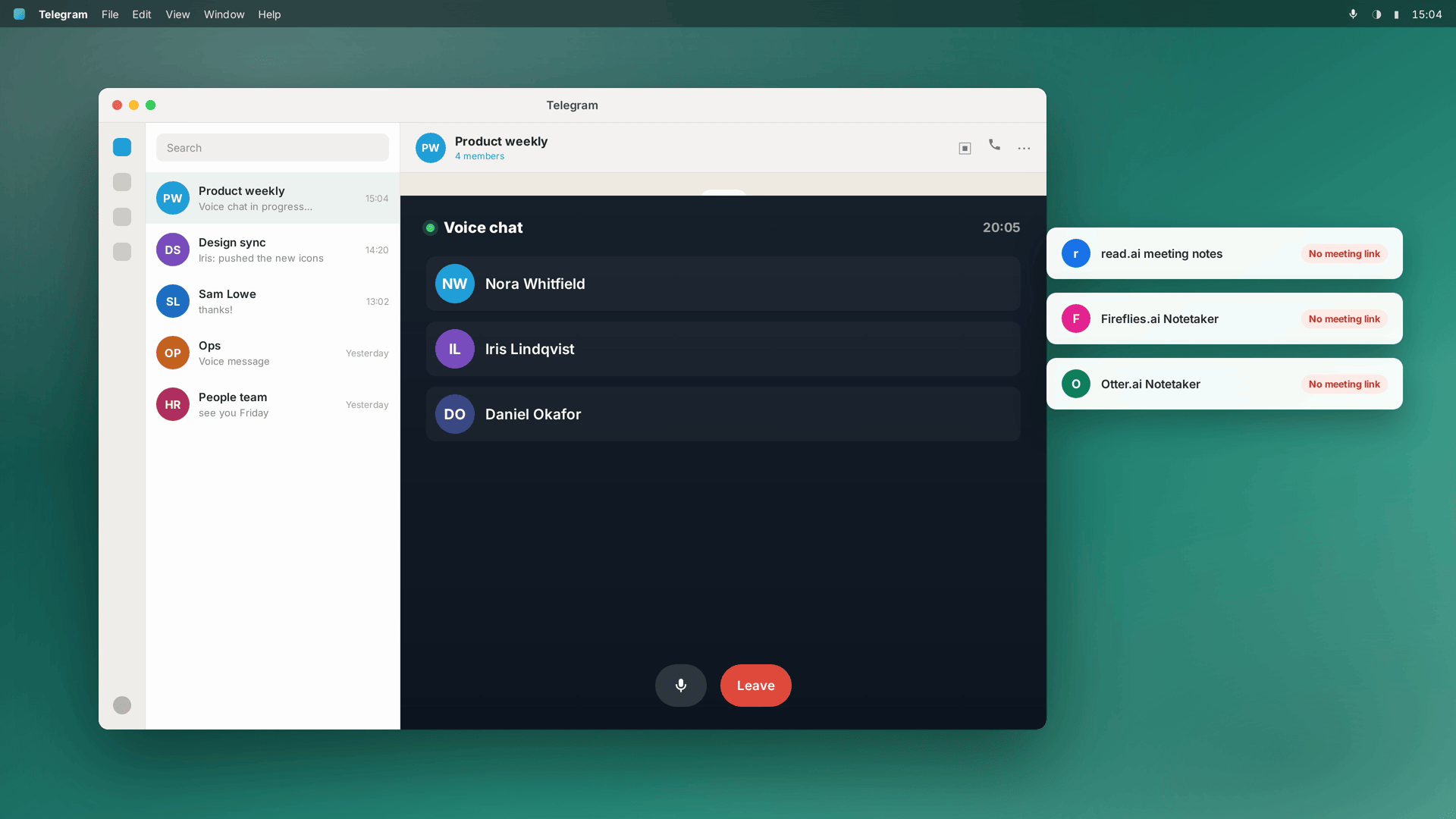 Notetakers with no meeting link to join — a stylized recreation, not Telegram's real interface