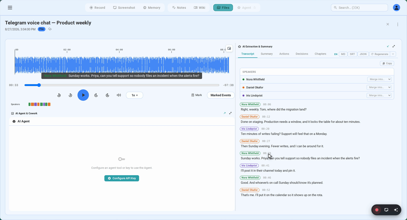 A transcript timestamp seeks the player