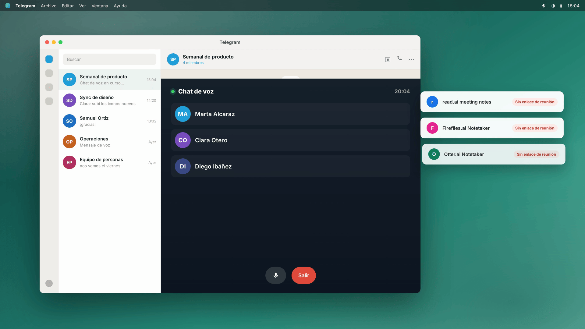 Asistentes de notas sin enlace de reunión al que unirse — recreación estilizada, no la interfaz real de Telegram