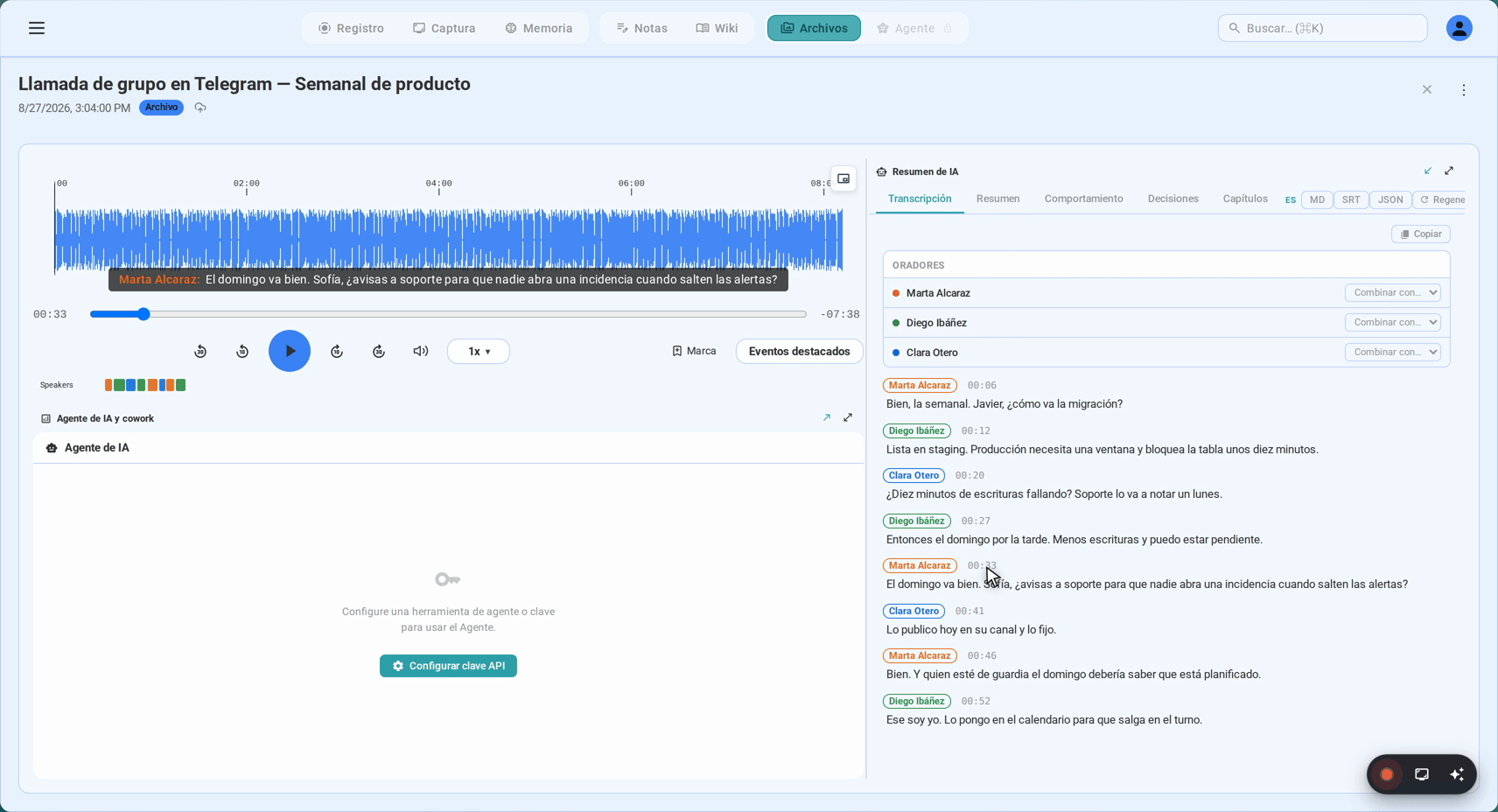 Una marca de tiempo de la transcripción mueve el reproductor