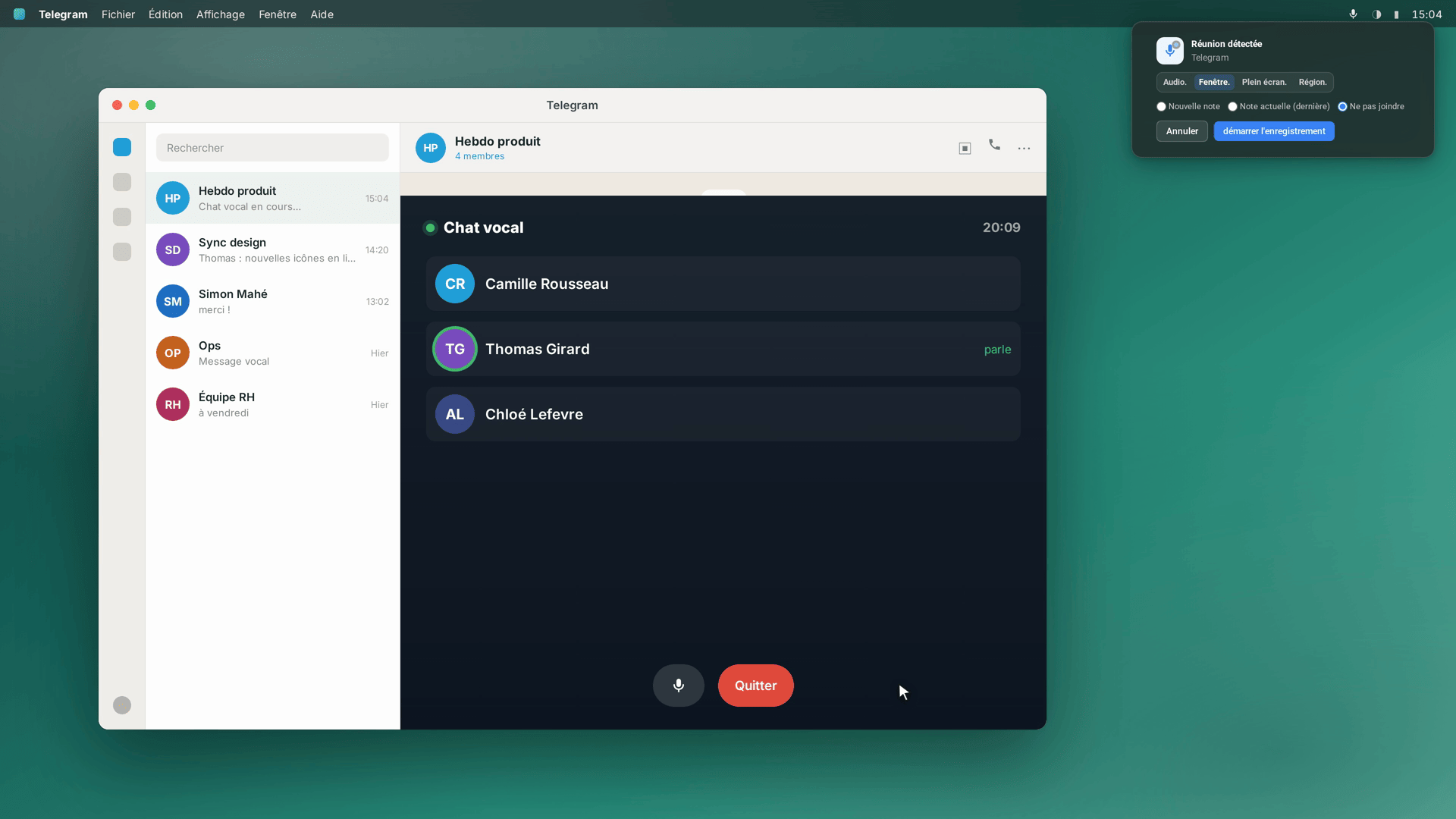 SeaMeet détecte l'appel Telegram et propose de l'enregistrer — reconstitution stylisée, non la véritable interface de Telegram