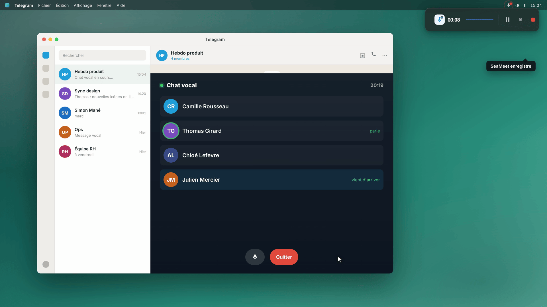 Quelqu'un rejoint un chat vocal déjà en cours d'enregistrement — reconstitution stylisée, non la véritable interface de Telegram