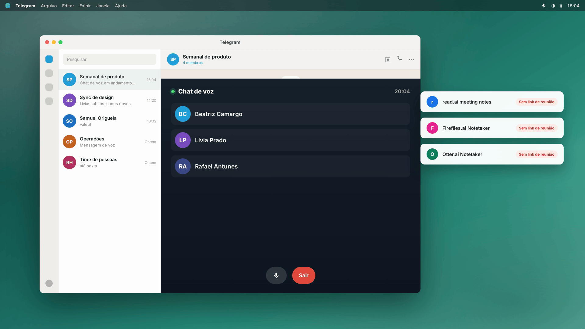 Assistentes de notas sem link de reunião para entrar — recriação estilizada, não é a interface real do Telegram