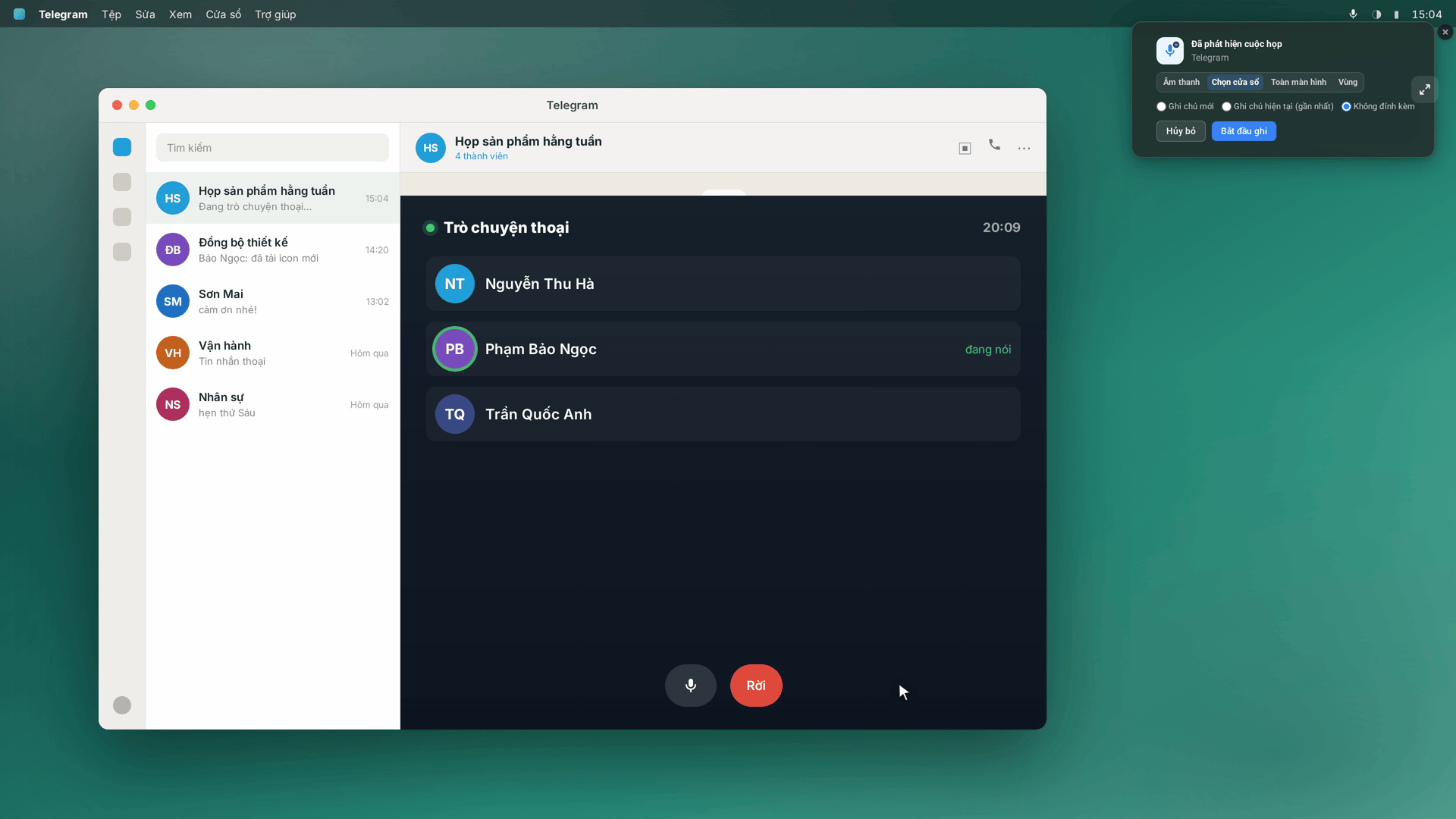 SeaMeet phát hiện cuộc gọi Telegram và đề nghị ghi — hình minh họa cách điệu, không phải giao diện thật của Telegram